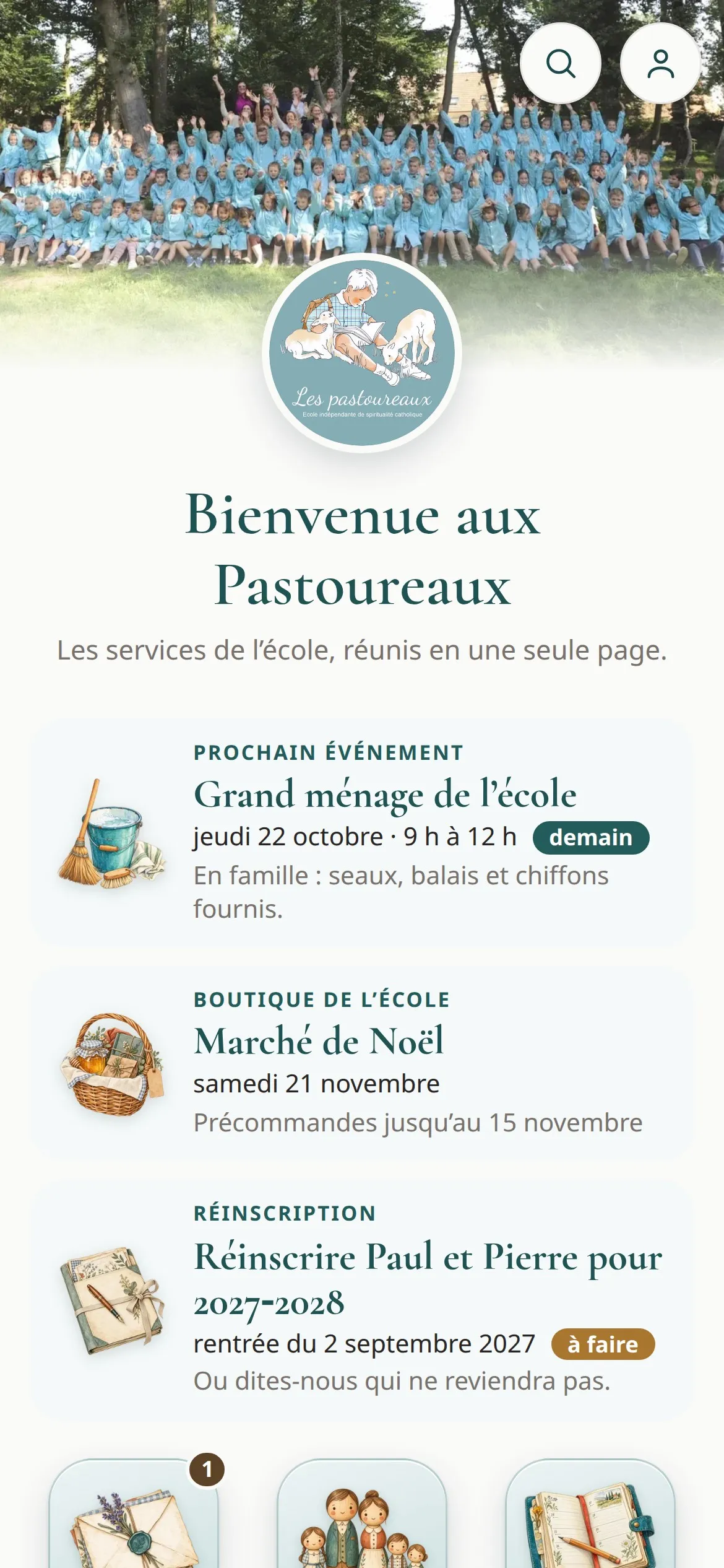 Écran d’accueil de l’application : prochain événement, boutique de l’école, réinscription