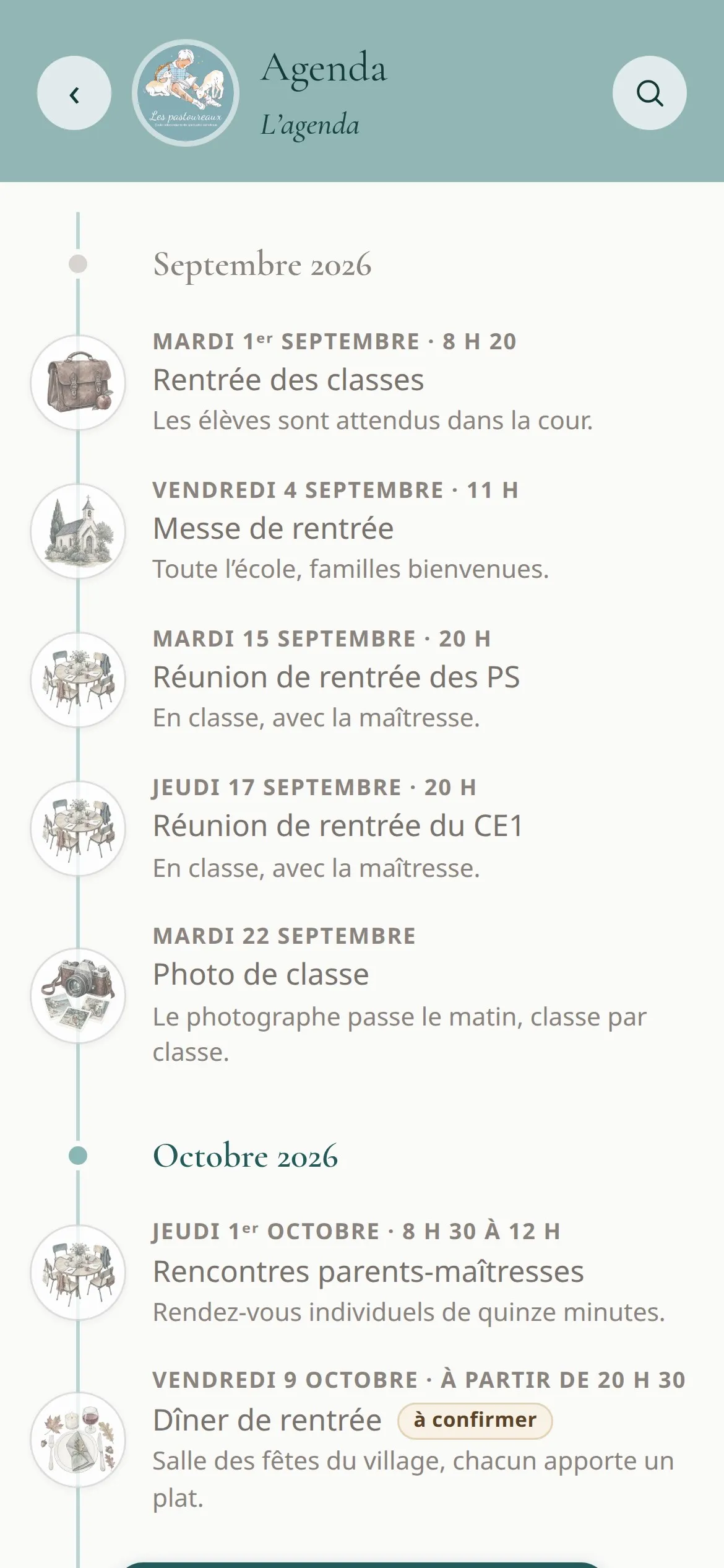 Écran de l’agenda : rentrée des classes, messe de rentrée, réunions de rentrée, photo de classe