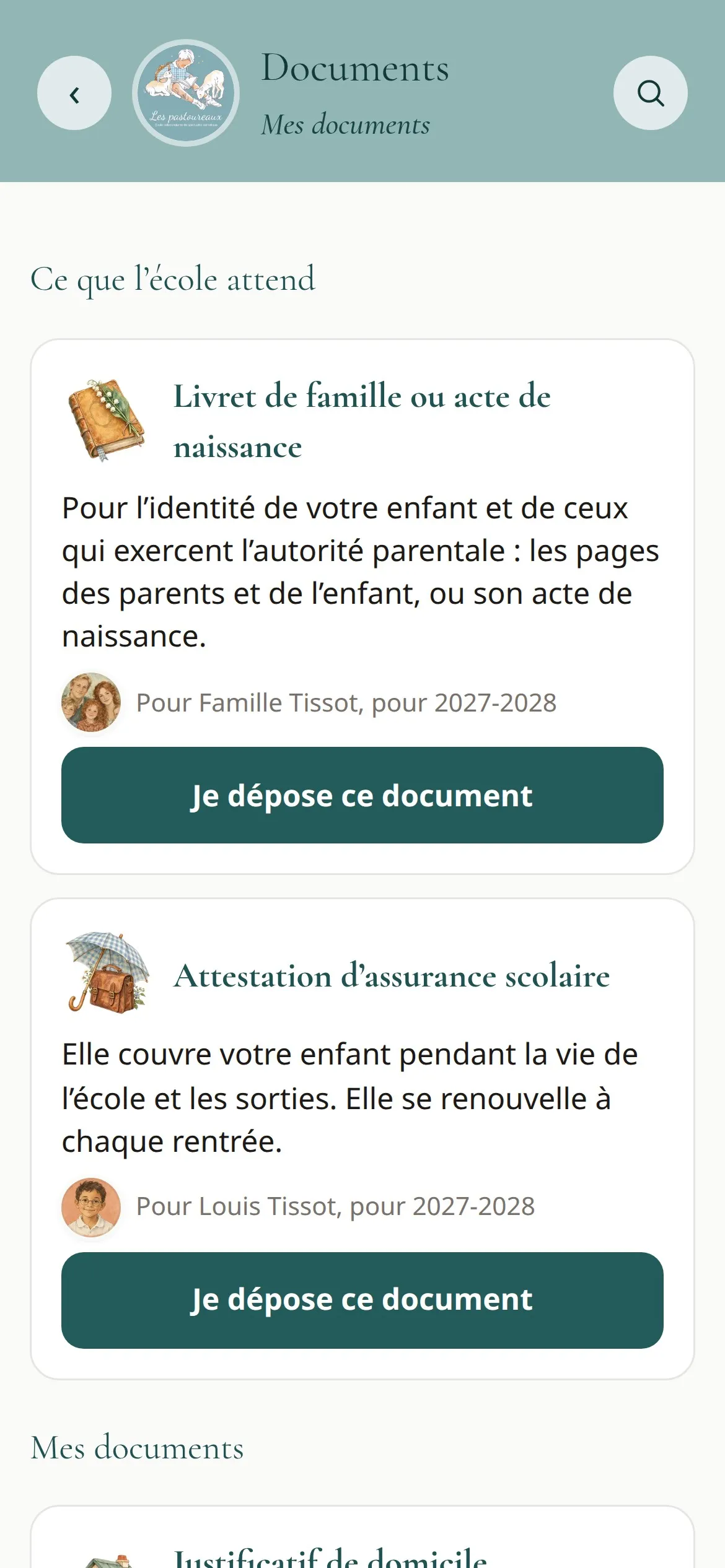 Écran des documents : livret de famille et attestation d’assurance scolaire à déposer