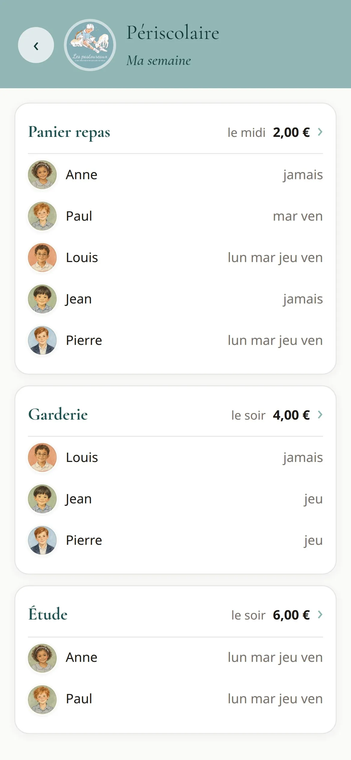 Écran du périscolaire : jours de panier-repas, de garderie et d’étude de chaque enfant